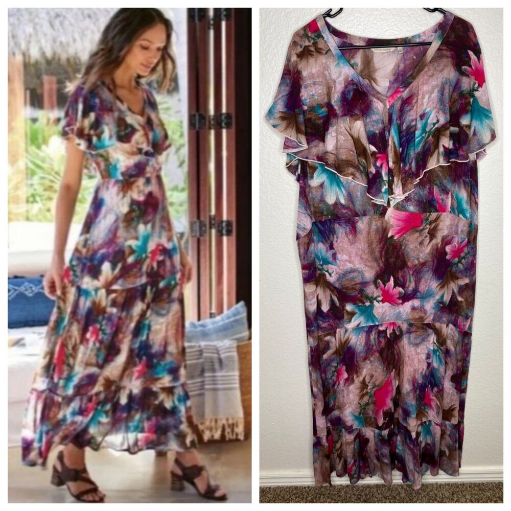 Soft Surroundings Italian dreams maxi dress watercolor tiered flowy boho 1X